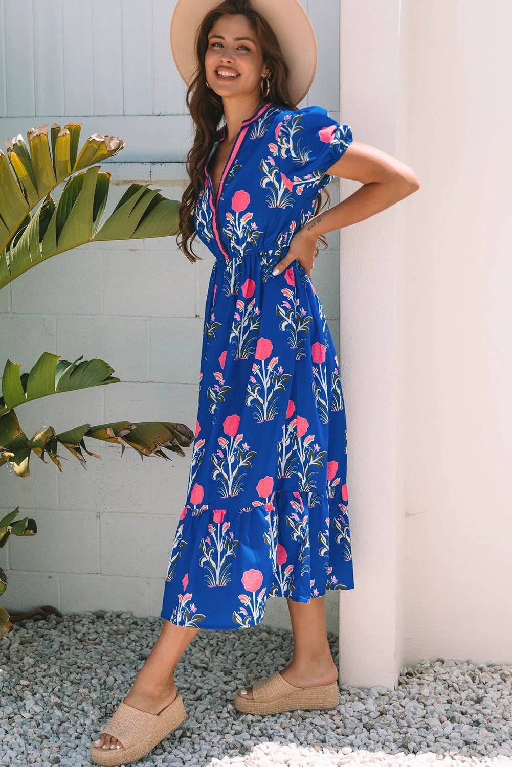 sky blue floral puff short sleeve v neck high waist maxi dress for women casual everyday outfit