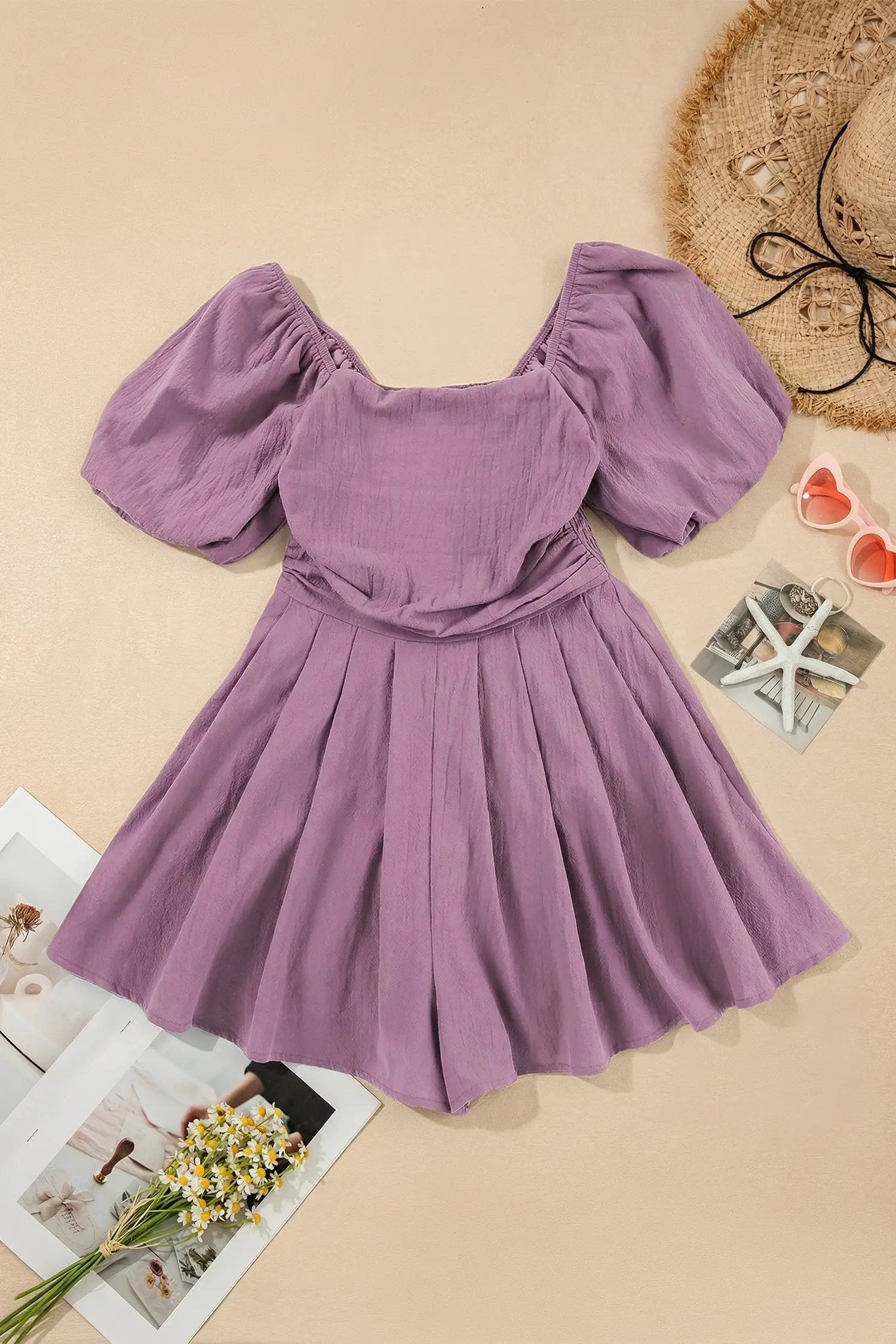 Dear-Lover Dropshipping Valerian Square Neck Ruched Puff Sleeve Romper - One-Pieces Bottoms/Jumpsuits & Rompers