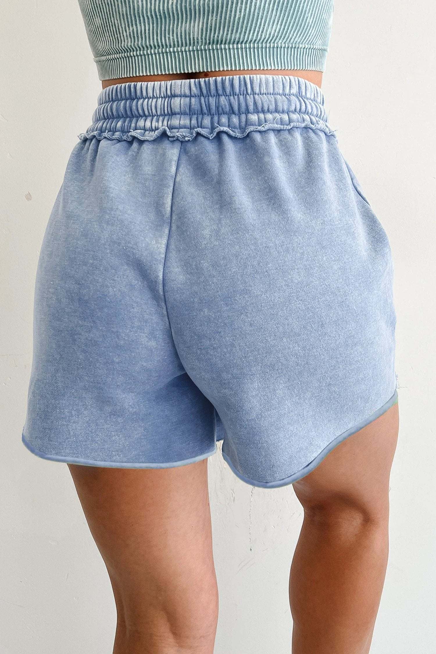 sea green mineral washed drawstring elastic waist raw cut shorts for women casual everyday outfit
