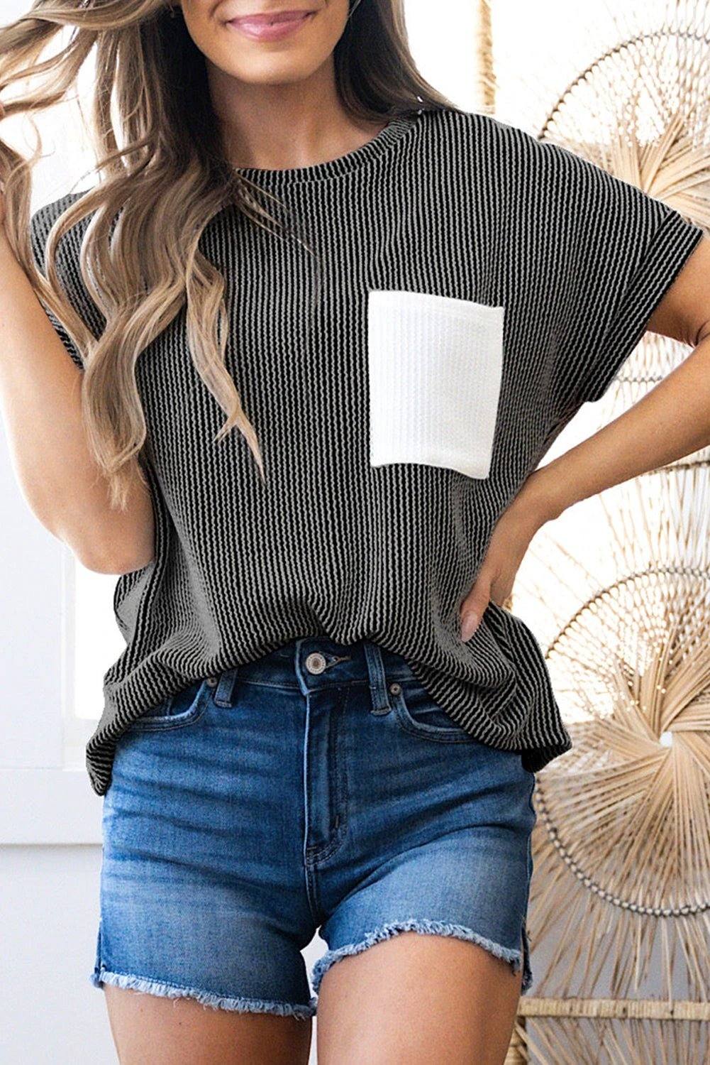 Pink corded knit Colorblock pocketed crew neck t shirt for women casual everyday outfit
