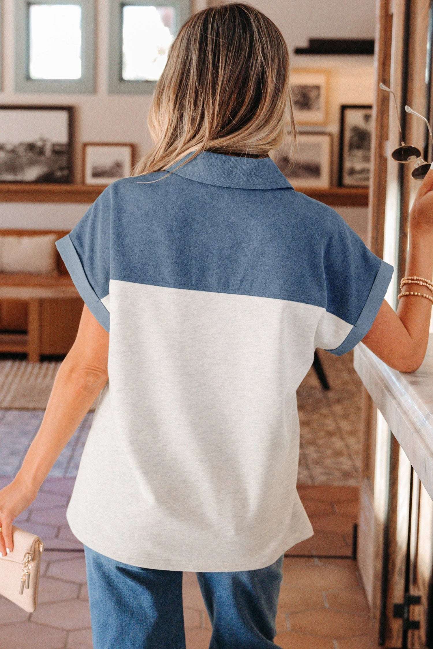 Western Chic color block denim patchwork polo collar short sleeve top with button placket