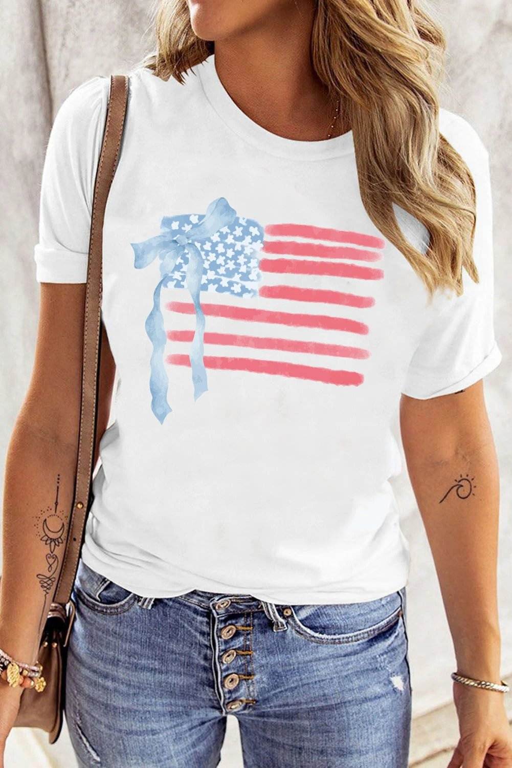 white american flag bow knot print crew neck t shirt for women casual everyday outfit