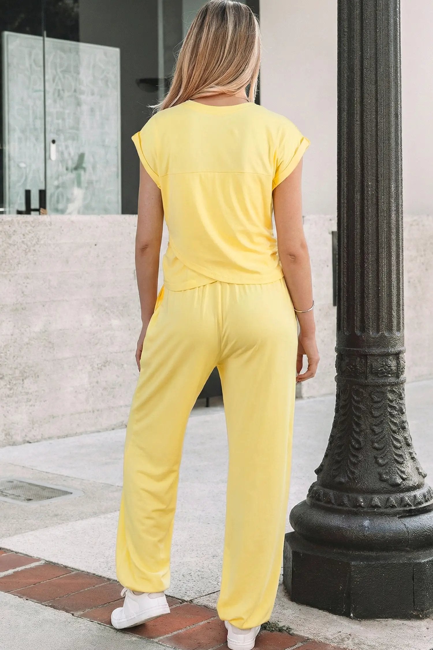 Dear-Lover Dropshipping Yellow Cream Solid Color Cropped Tank Top and Jogger Pants Set - Two Piece Sets/Pant Sets