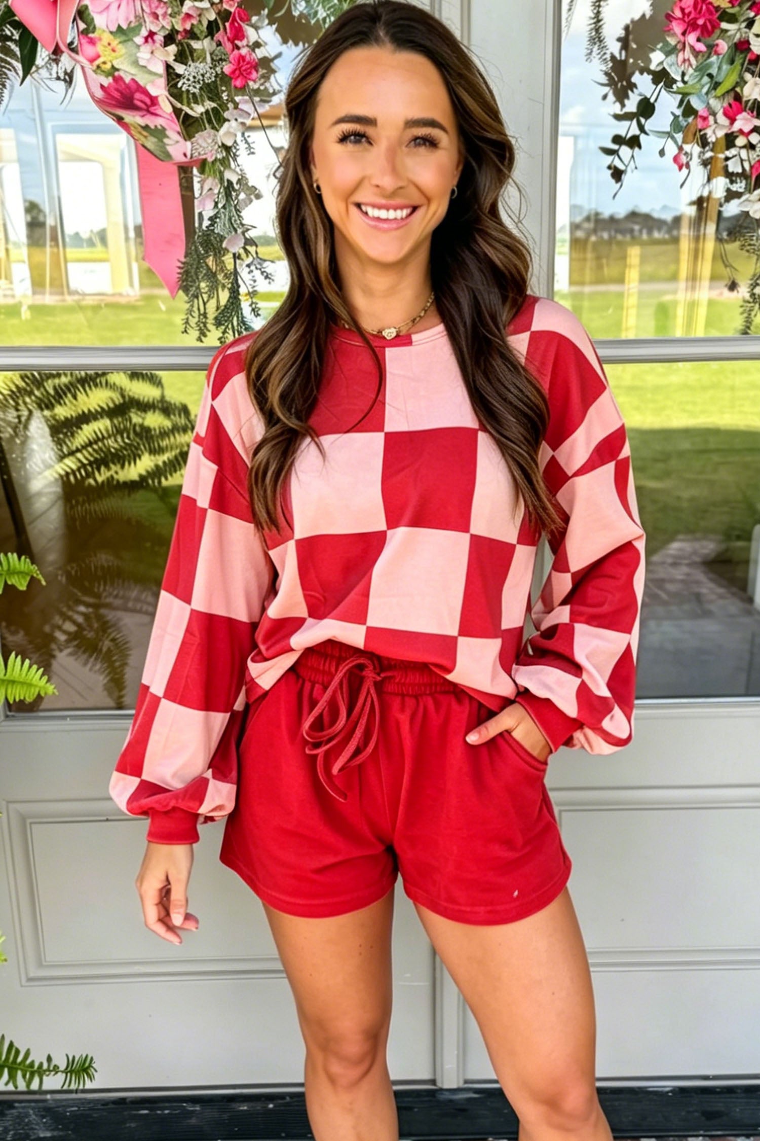 Checkerboard Plaid Long Sleeve Solid Color Shorts Two-Piece Set