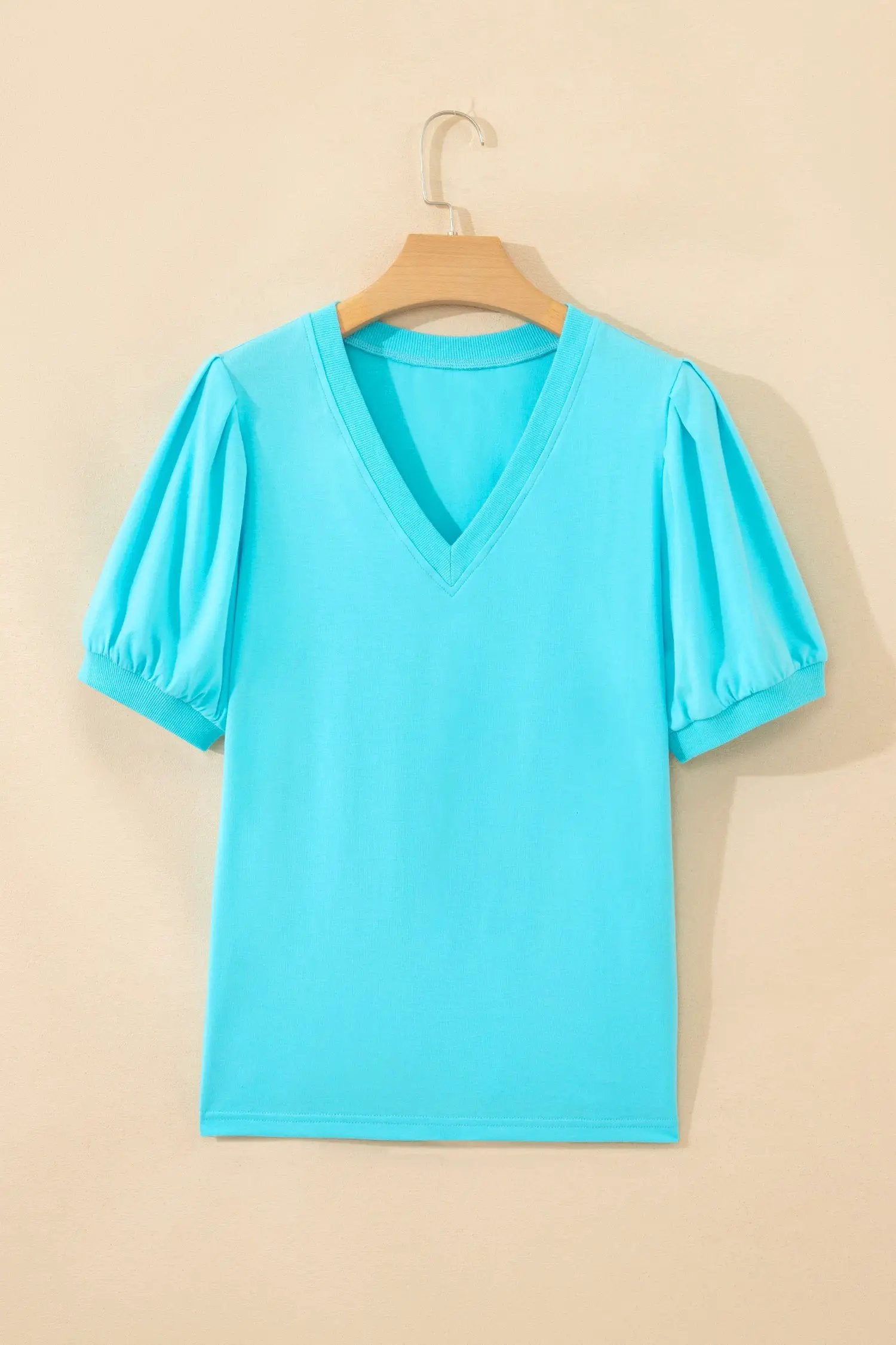 Dear-Lover Dropshipping Mint Green Solid Color V Neck Short Puff Sleeve Blouse - Blouses Tops/Blouses & Shirts