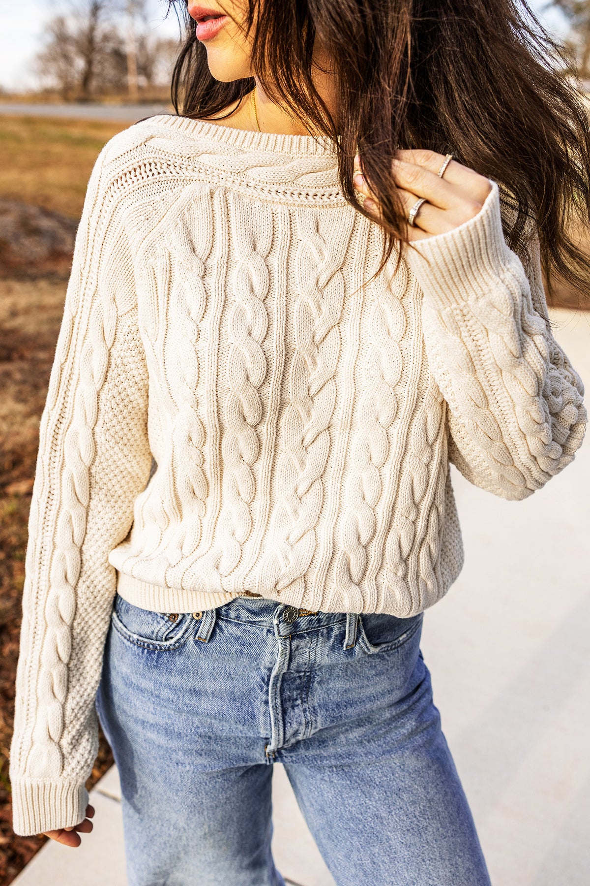 Drop-Shoulder Round Neck Cable Knit Sweater