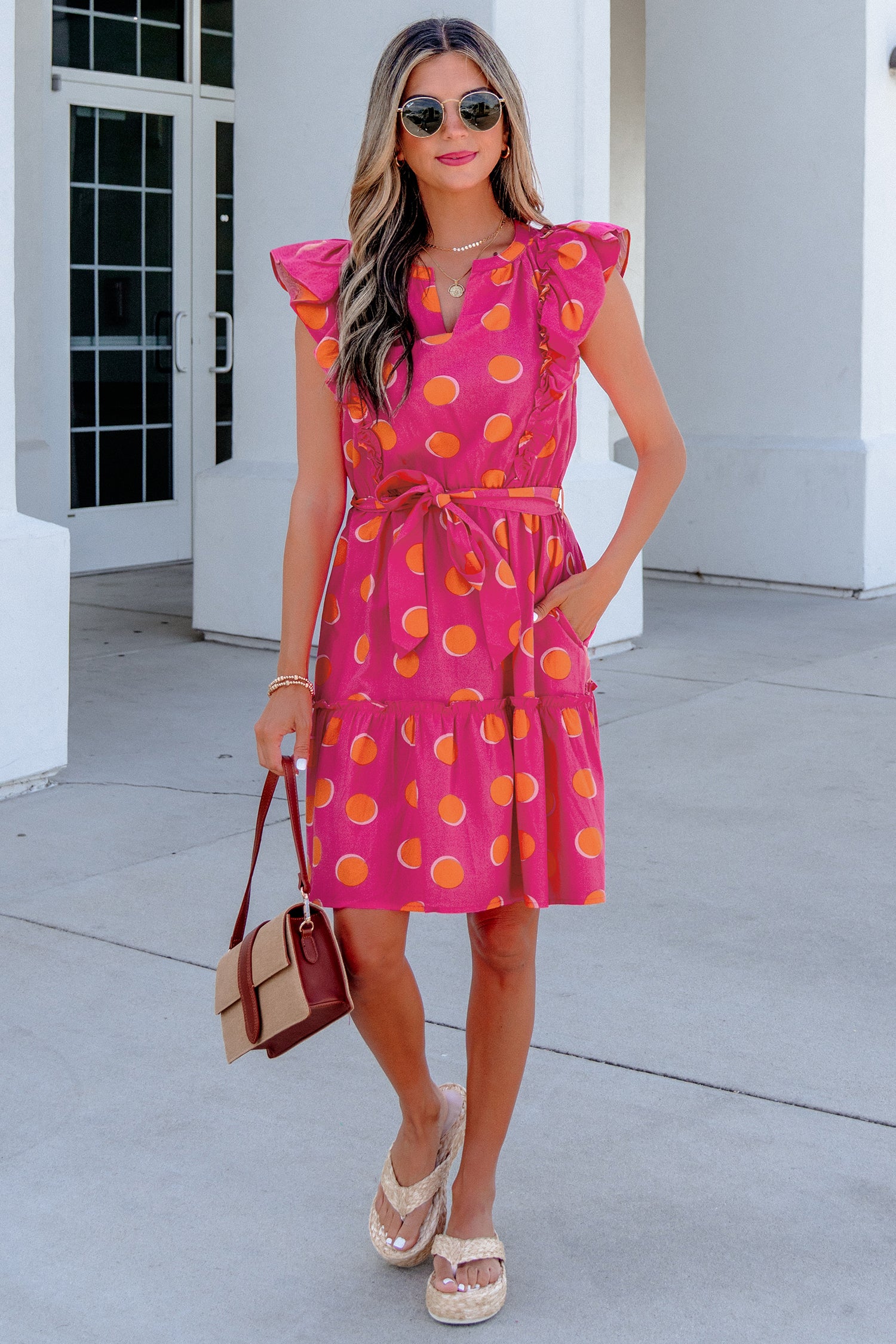 Double Polka Dot V-Neck Ruffled Short Sleeve Dress — everyday dress for women | J&H Apparel