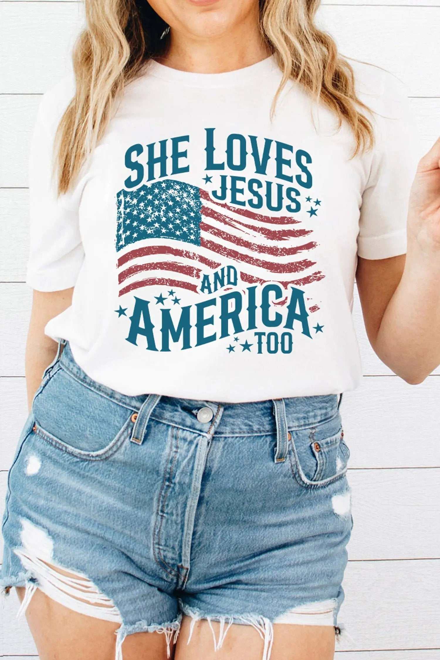 Patriotic Graphic Tee She Loves Jesus and America flag casual shirt