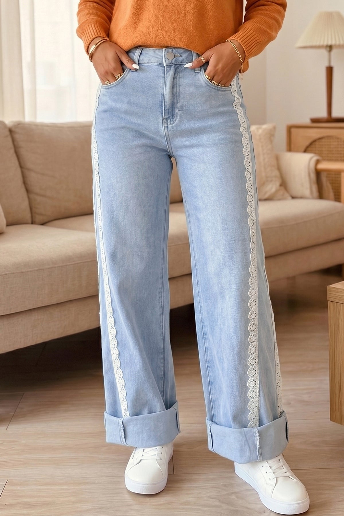Lace Trim Casual Full-Length Regular Fit Jeans