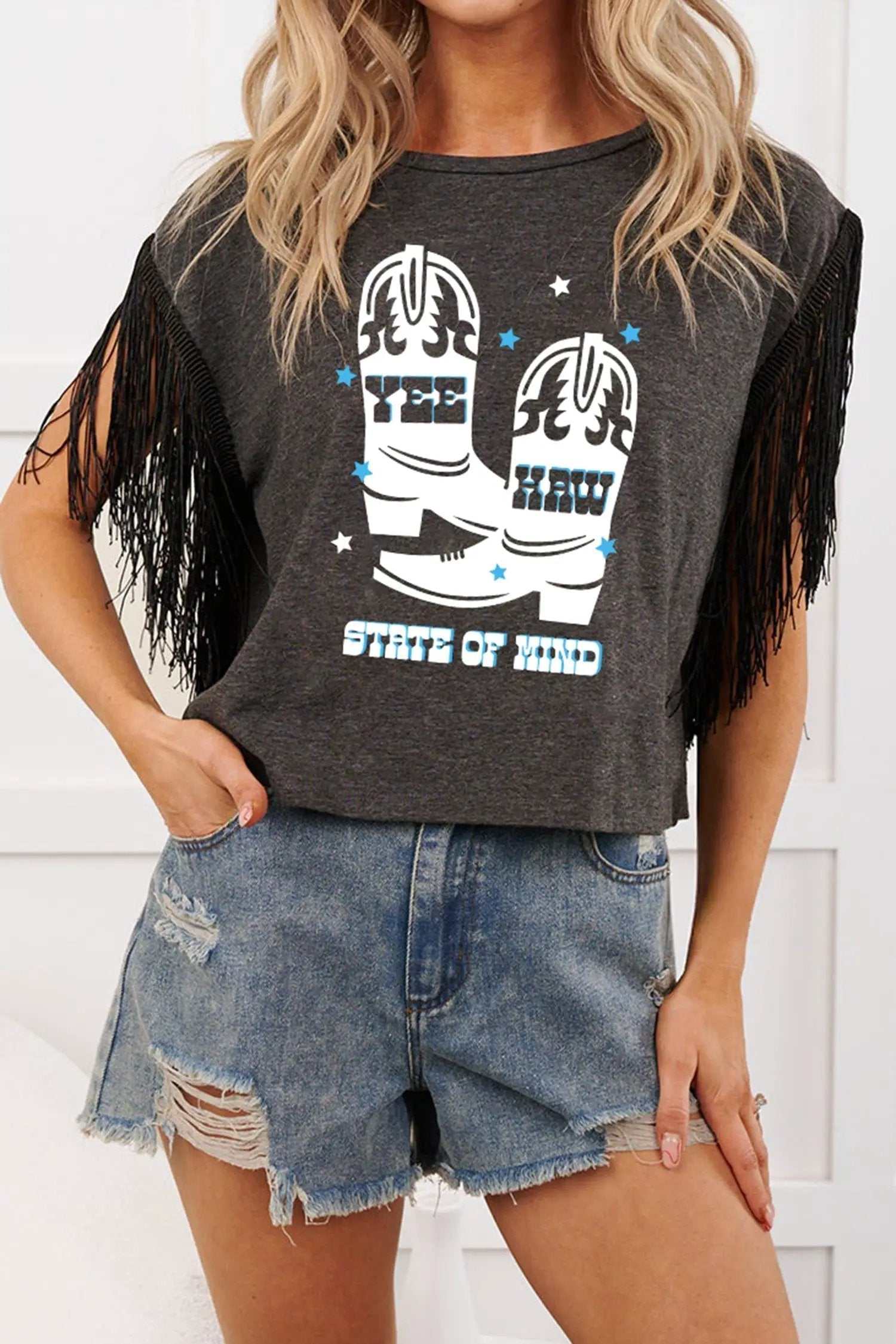 Fringe Sleeve Western Graphic Tee carbon grey yee haw boots western top