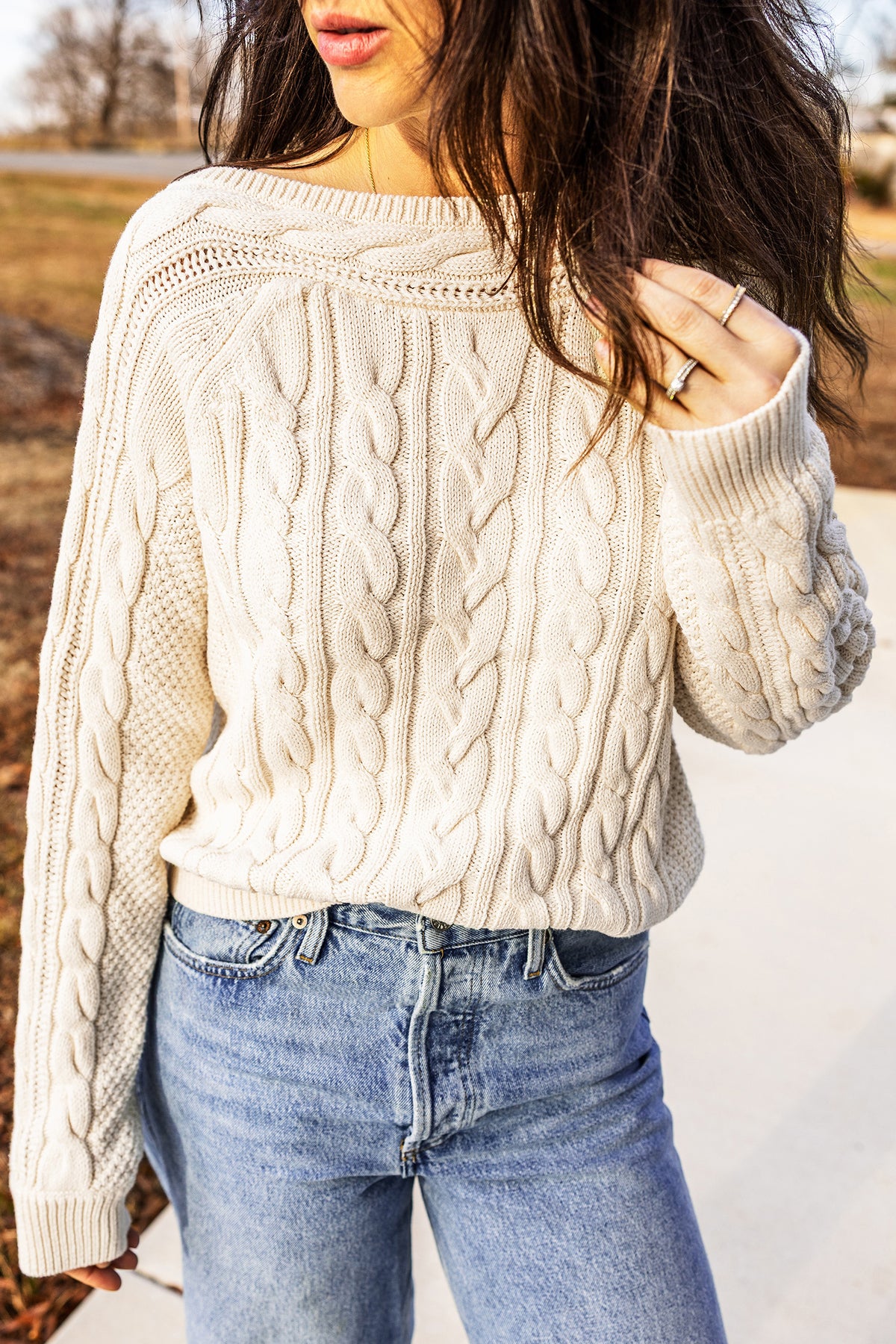 Drop-Shoulder Round Neck Cable Knit Sweater