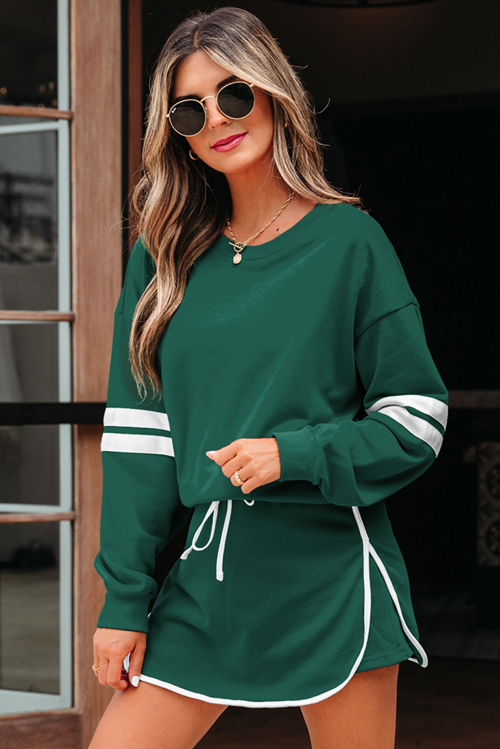 Navy Blue Varsity Stripe Detail Drop Shoulder Pullover Mini Skort Set