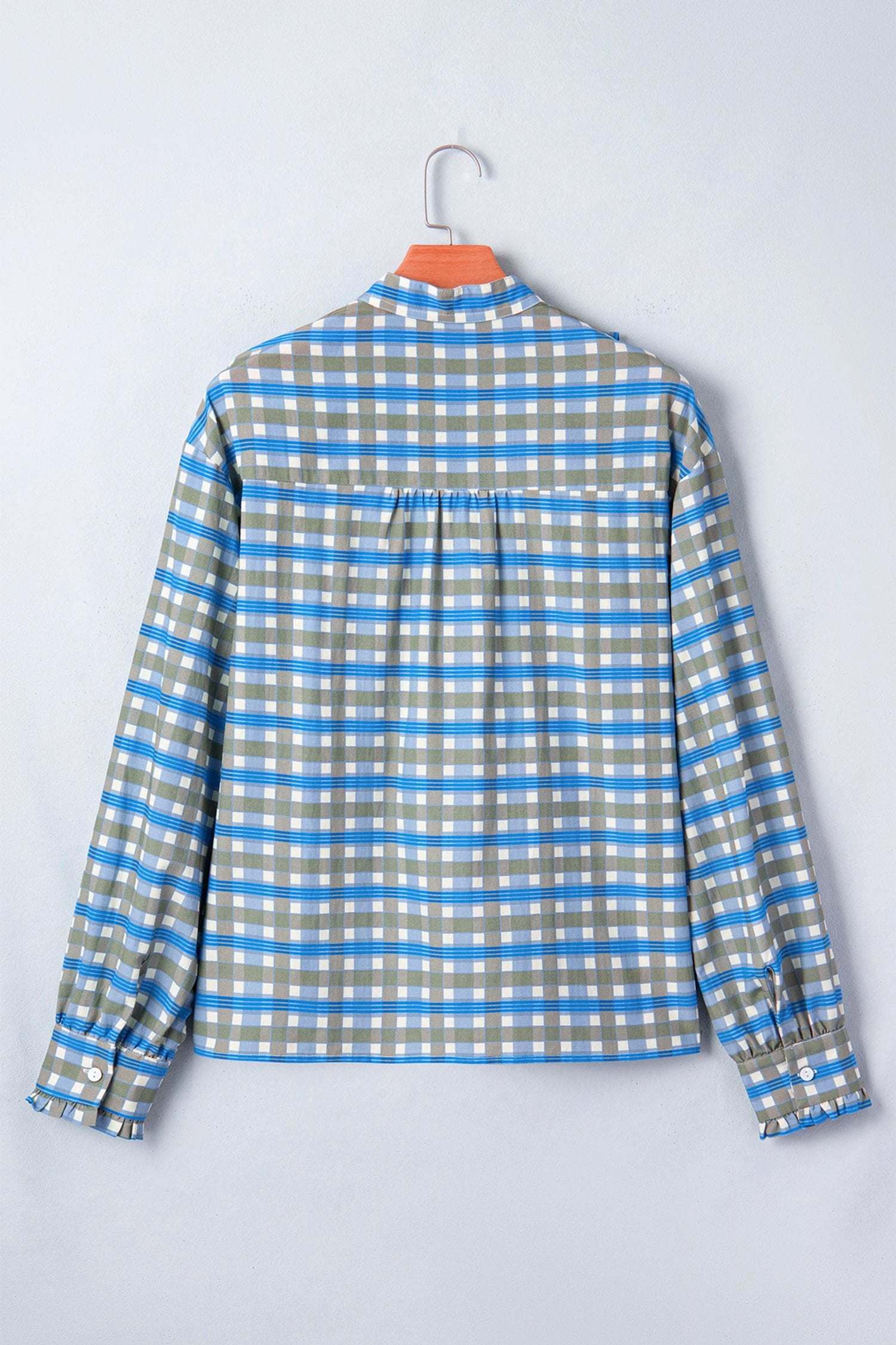 sky blue plaid long sleeve frilled detail half button blouse for women casual everyday outfit