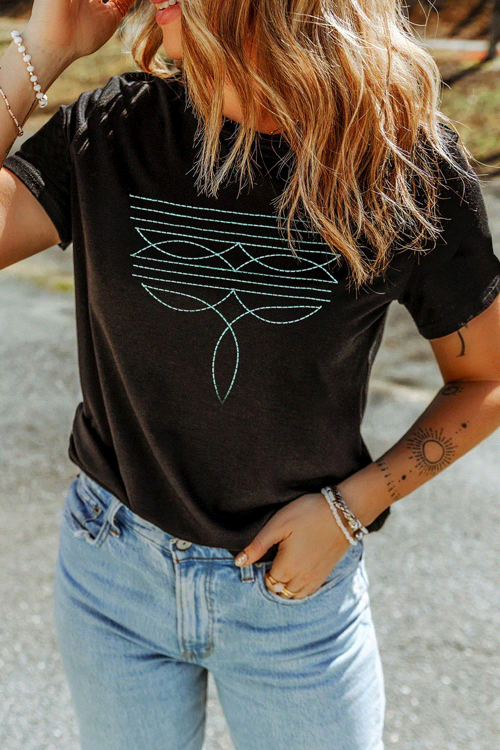 black western fashion geometric embroidered t shirt for women casual everyday outfit