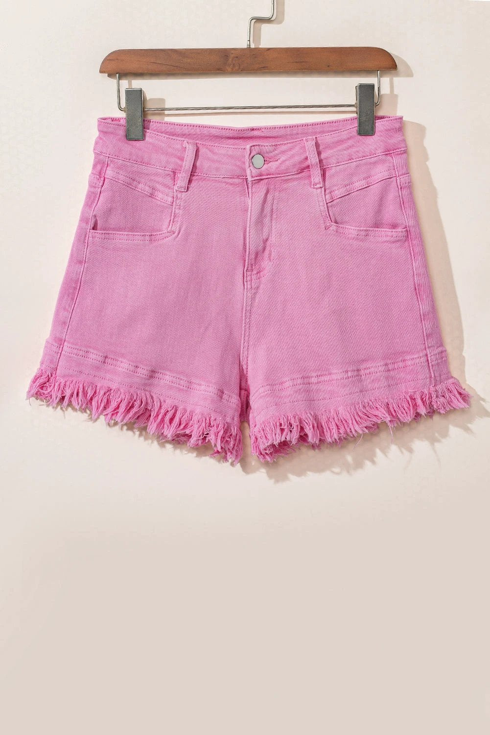 pink frayed edge mid rise denim shorts for women casual everyday outfit