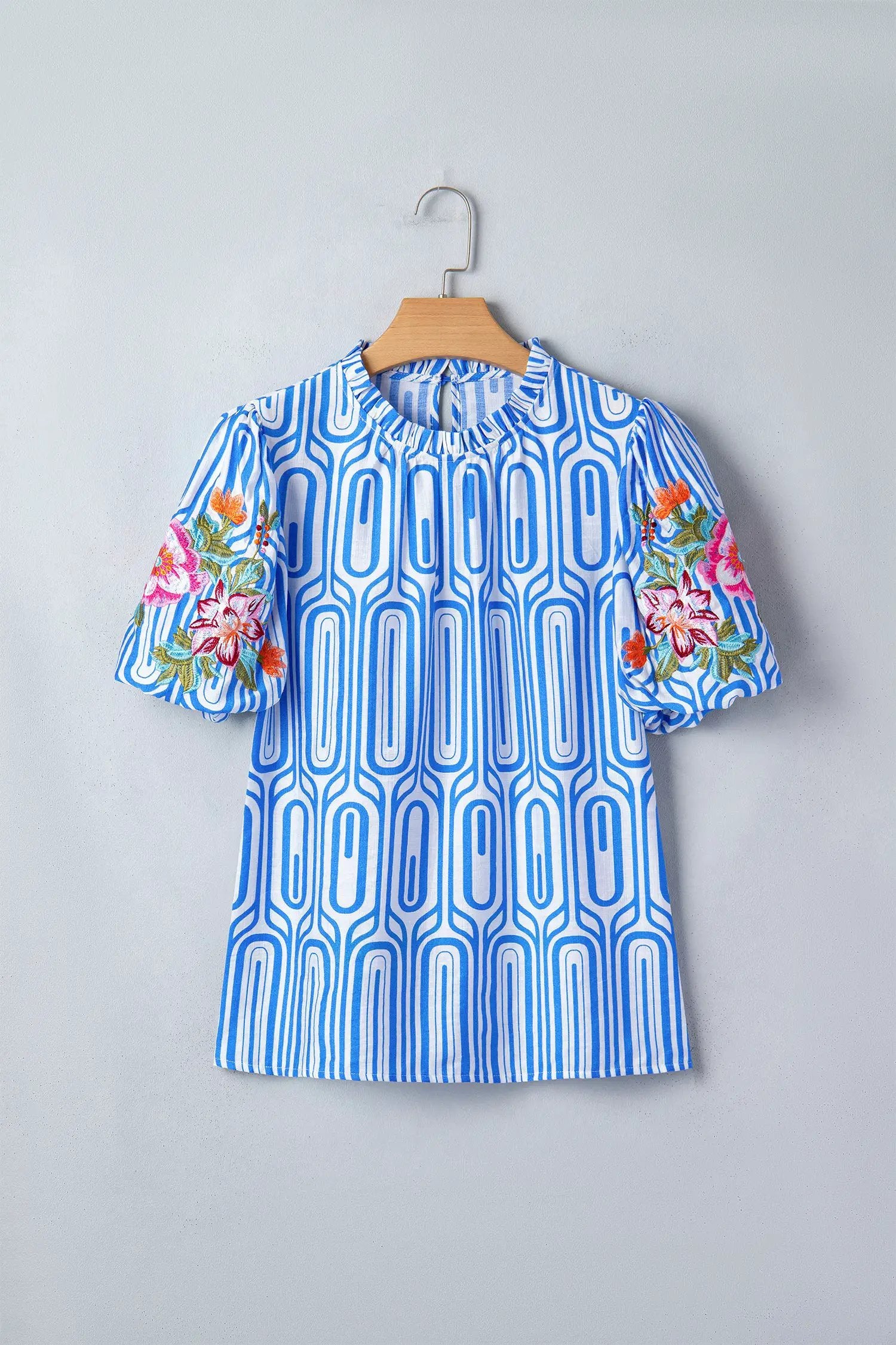sky blue unique geometry print floral embroidered puff sleeve blouse for women casual everyday outfit