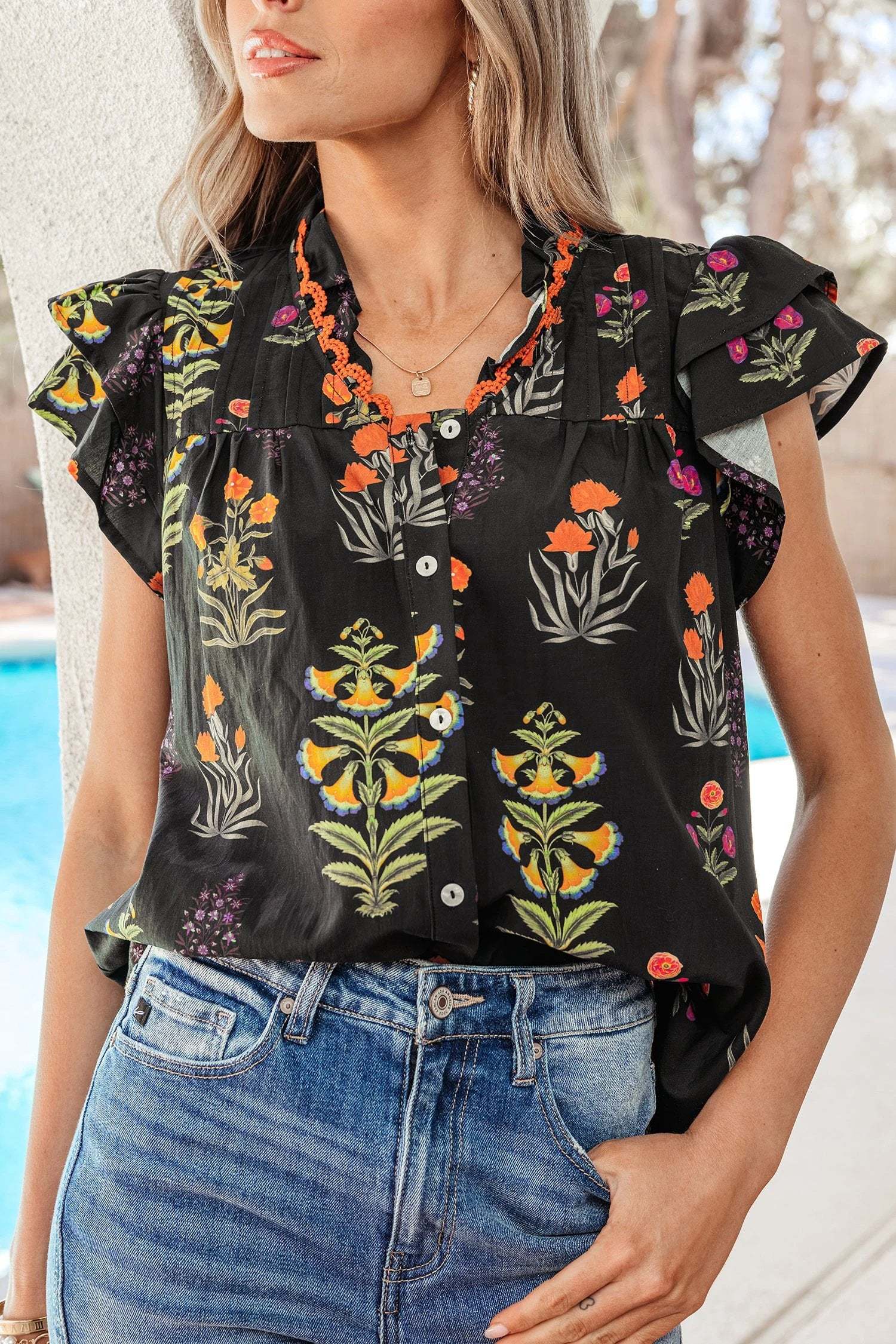 black floral print lace trim frilled v neck short sleeve shirt for women casual everyday outfit