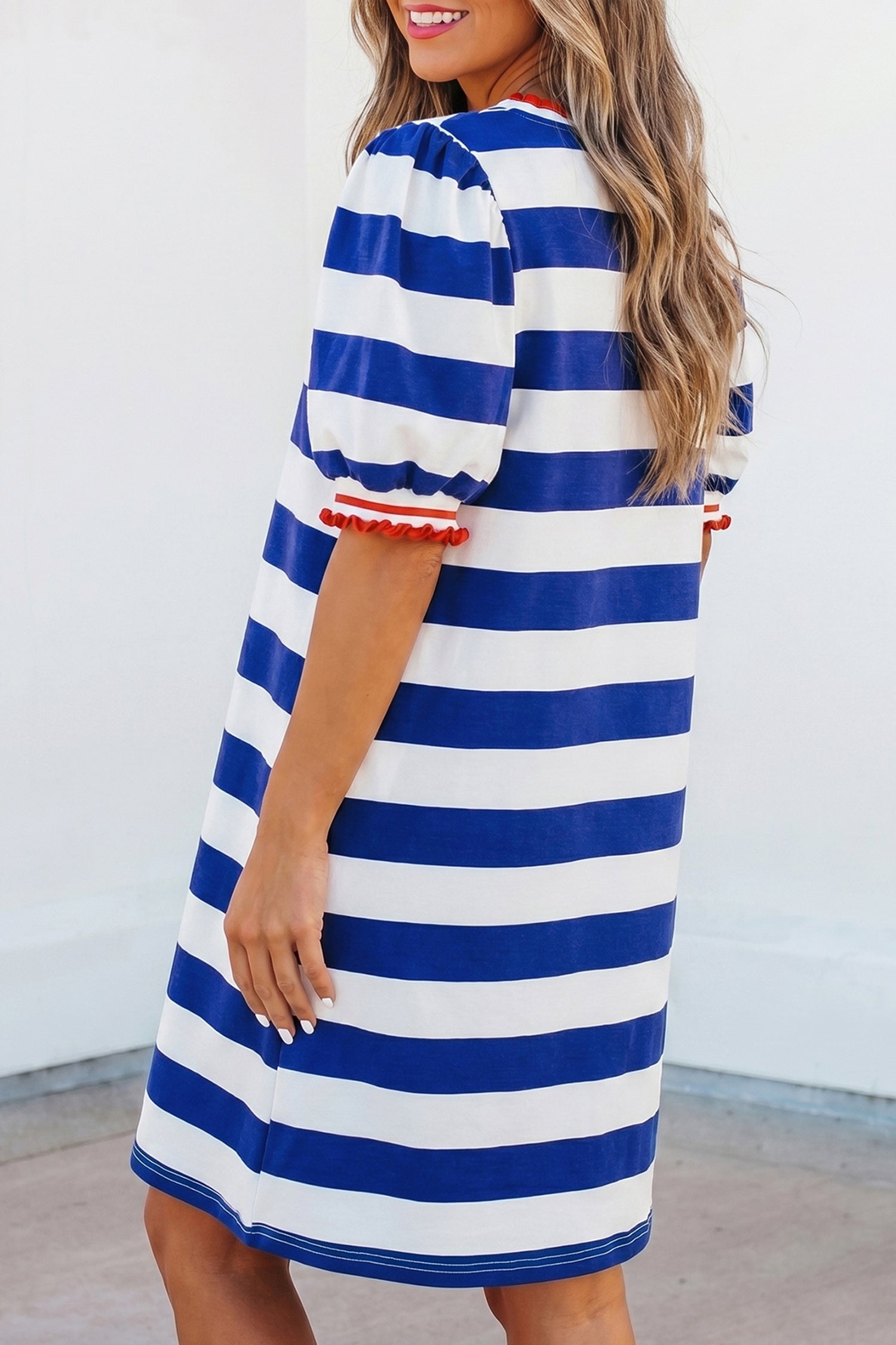 Stripe Contrast Trim Round Neck Short Puff Sleeve Shift Mini Dress — everyday dress for women | J&H Apparel