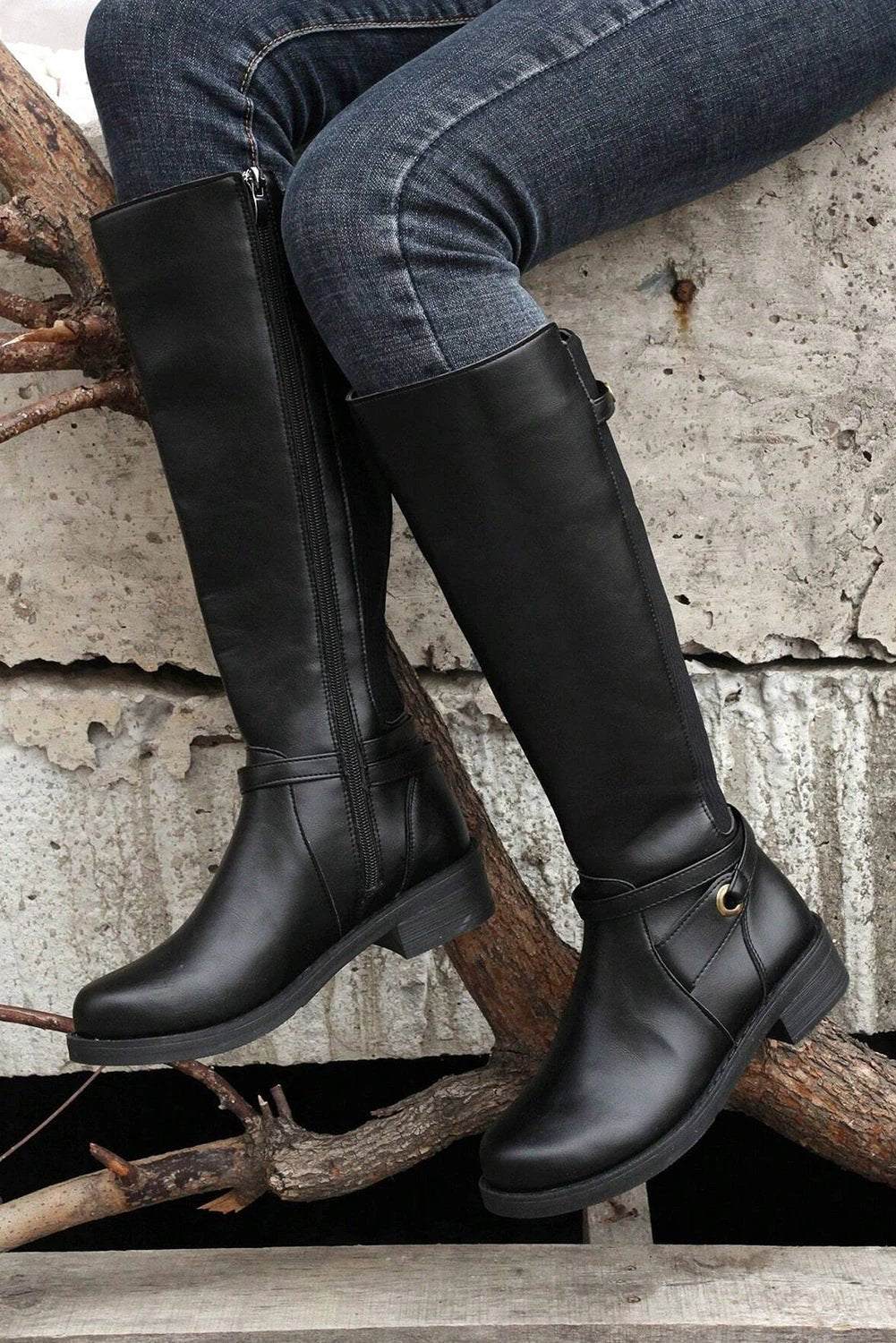 Main Character Energy knee-high boots with side zip and chunky low heel in sleek black PU leather