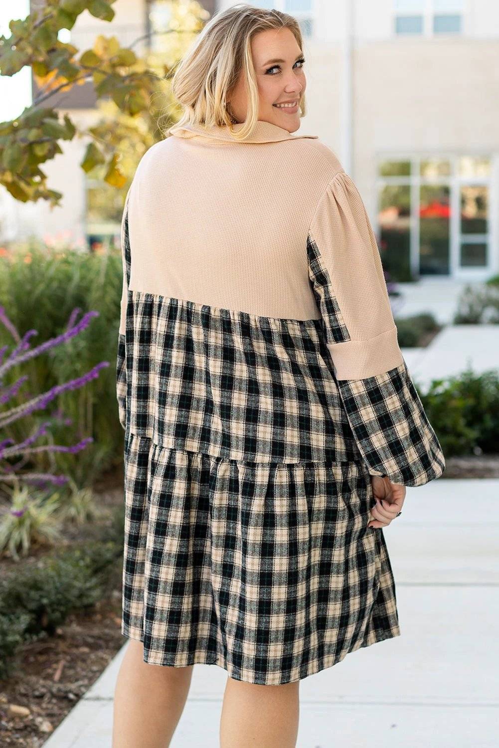 Plus size plaid waffle knit patchwork collared V neck mini dress with main character energy style