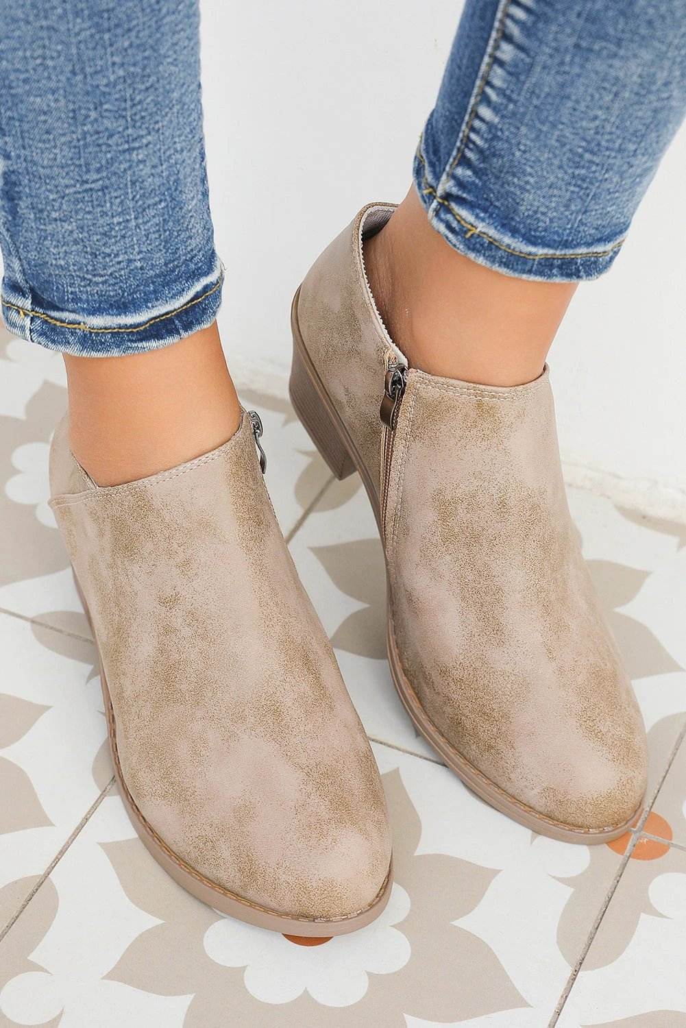 Philippine Gray Tulip opening suede ankle boots with side zipper and stacked block heel for casual chic style