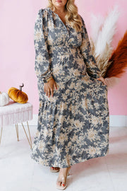 Plus size sky blue floral maxi dress with split neckline and long puff sleeves