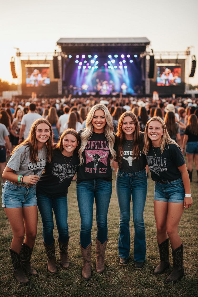A smiling blonde woman wearing a black graphic t-shirt with a pink distressed cow skull design and the text 'COWGIRLS DON'T CRY'.