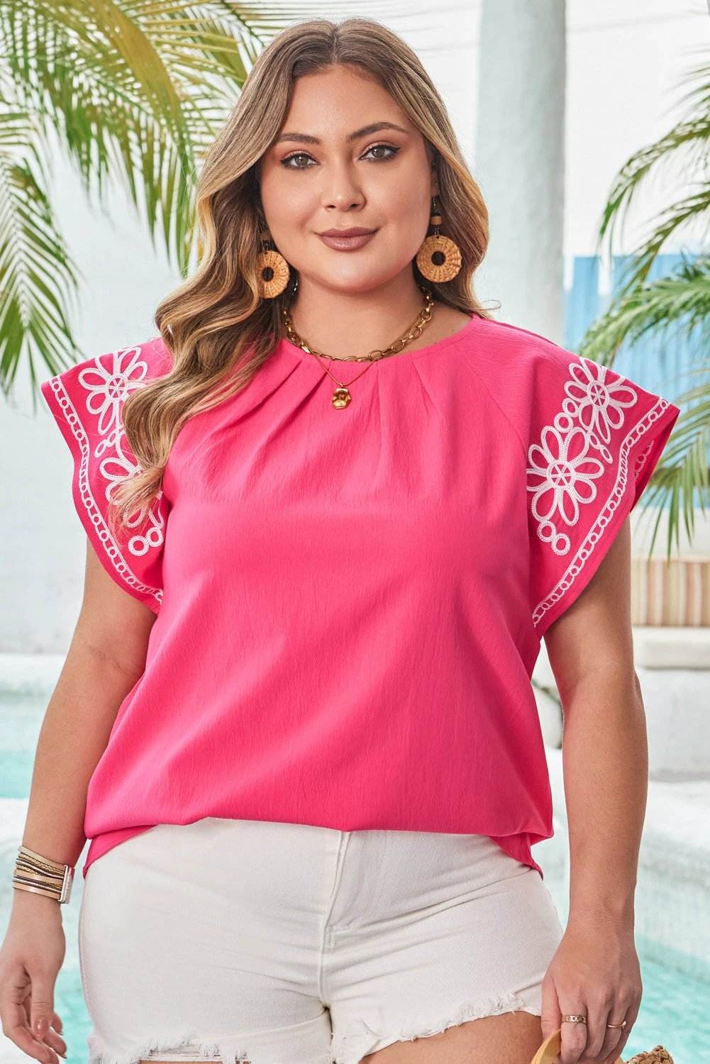 strawberry pink floral embroidered flutter sleeve pleated o neck plus size blouse for women casual everyday outfit