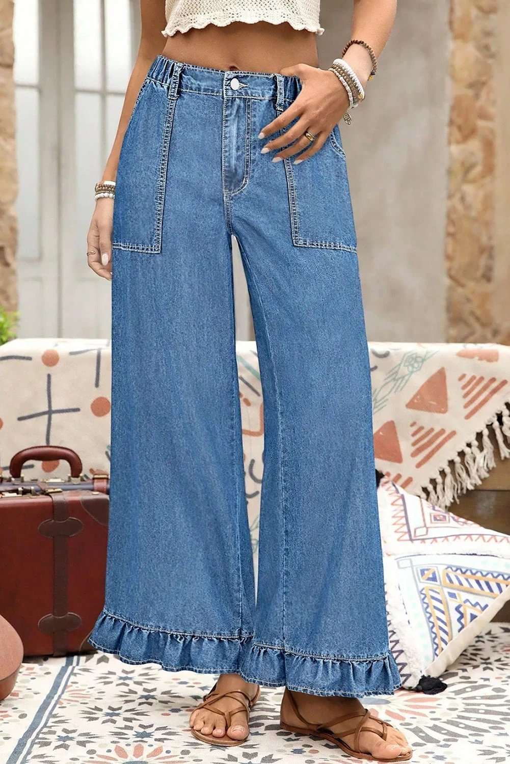 Plus Size Wide Leg Denim Pants with elastic waist and ruffled detail