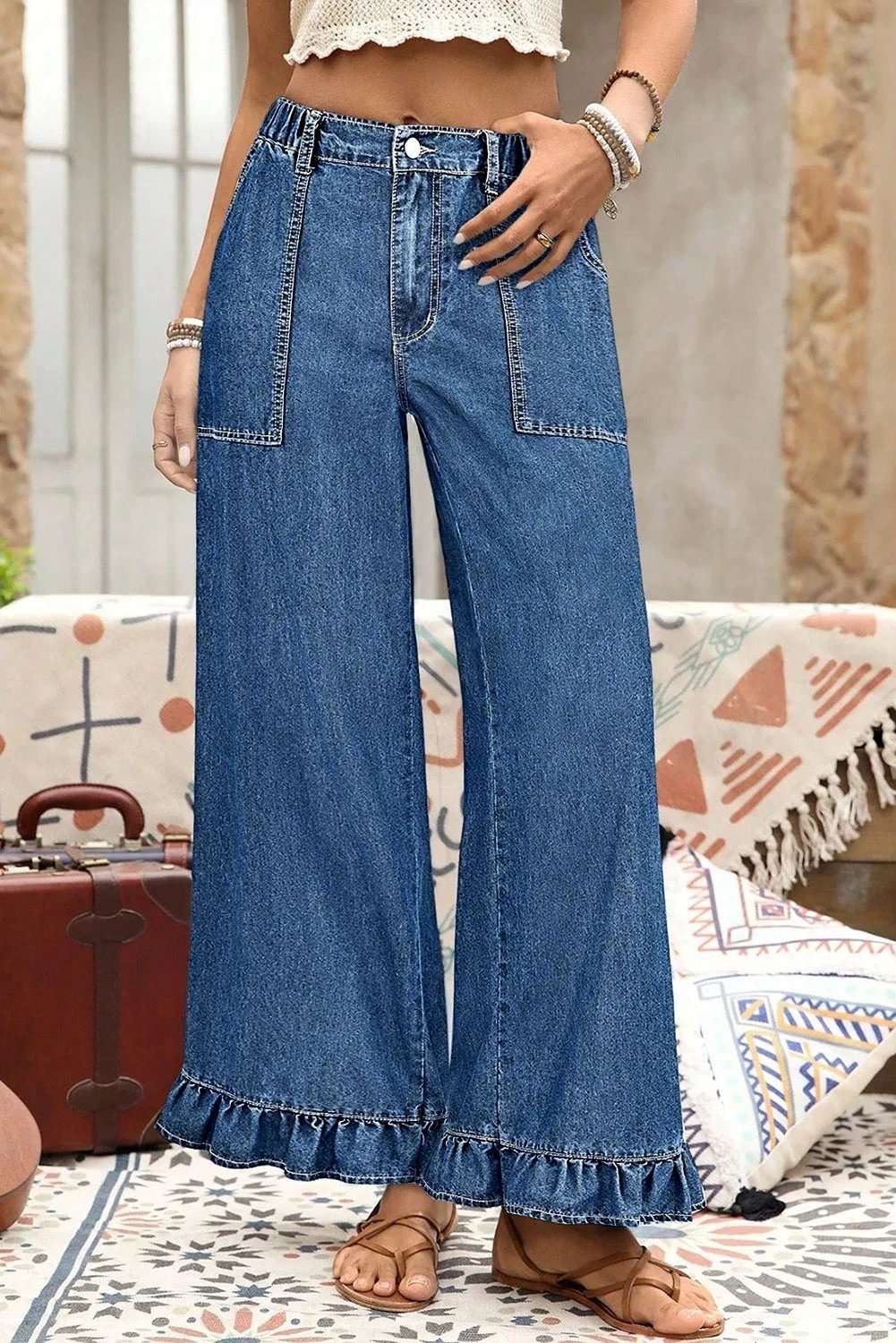 Plus Size Wide Leg Denim Pants with elastic waist and ruffled detail