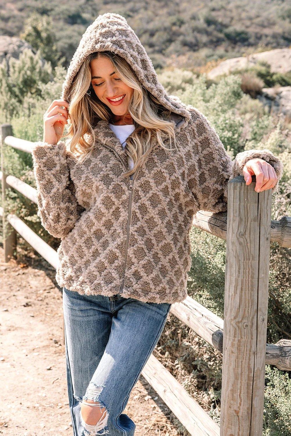 Cozy Confidence sherpa rhombus zip-up hooded bomber jacket with side pockets
