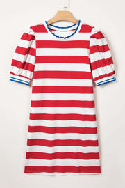 Dear-Lover Dropshipping Blue Stripe Contrast Trim Round Neck Short Puff Sleeve Shift Mini Dress - Dresses Dresses/Mini Dresses