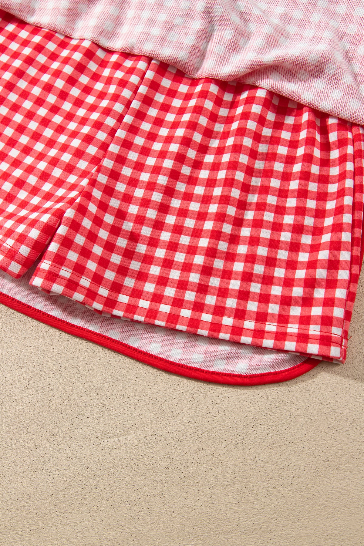 Red Gingham Oversized Ribbed Trim Crew Neck Long Sleeve Top and Skort Set