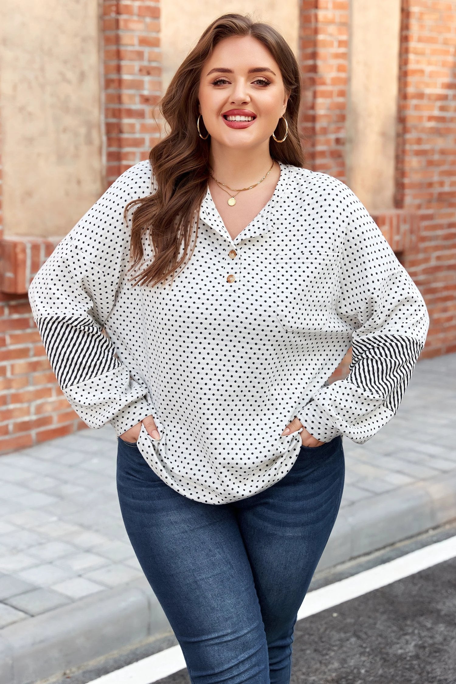 Plus Size Patchwork Dot Print Henley top
