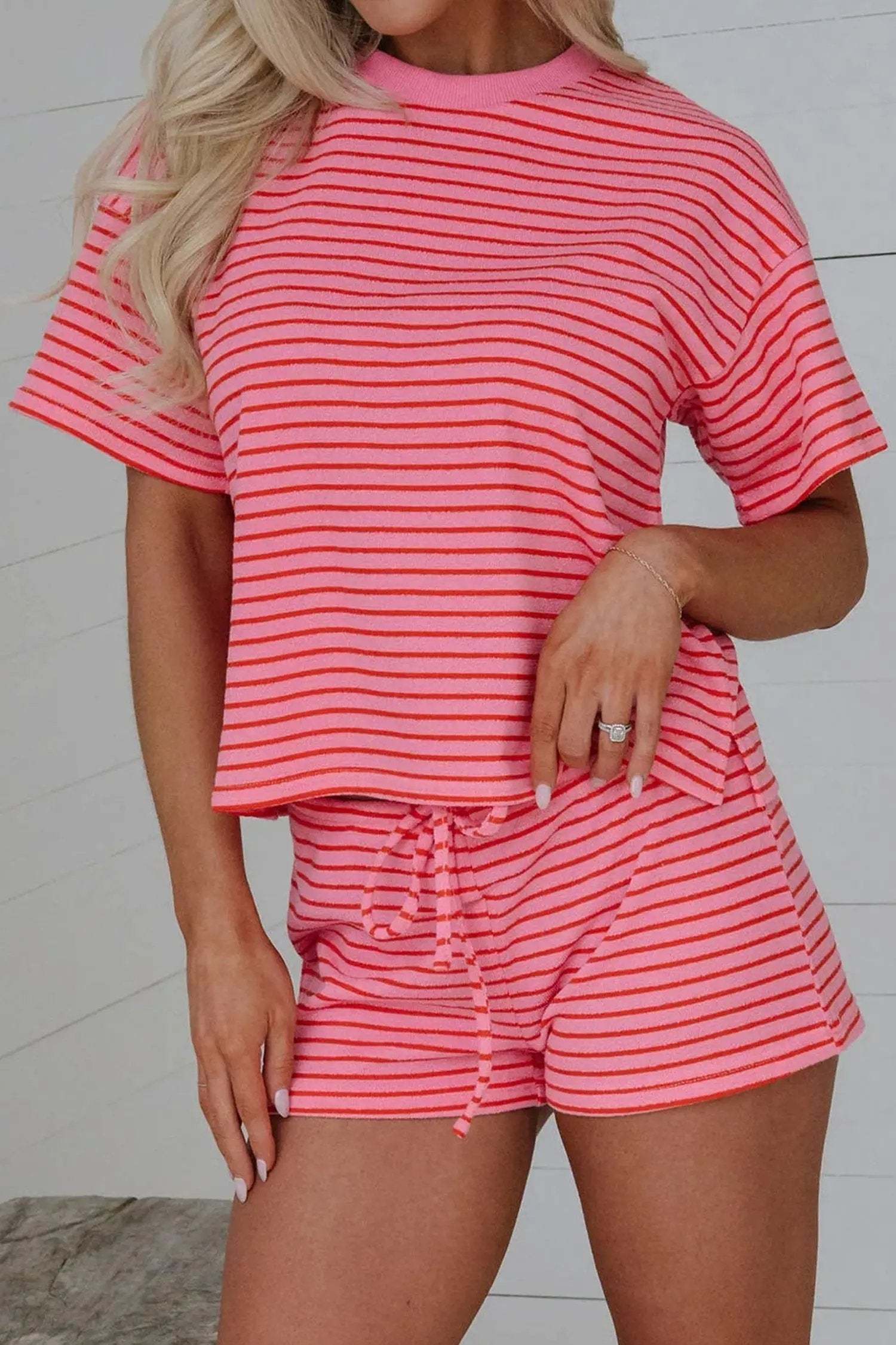 Stripe Knit Matching Set with tee, drawstring shorts, and side split detail