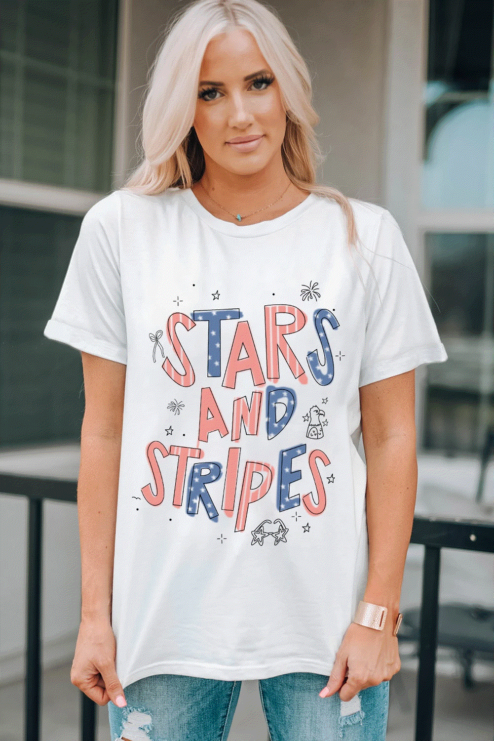 white stars and stripes crew neck graphic tee for women casual everyday outfit