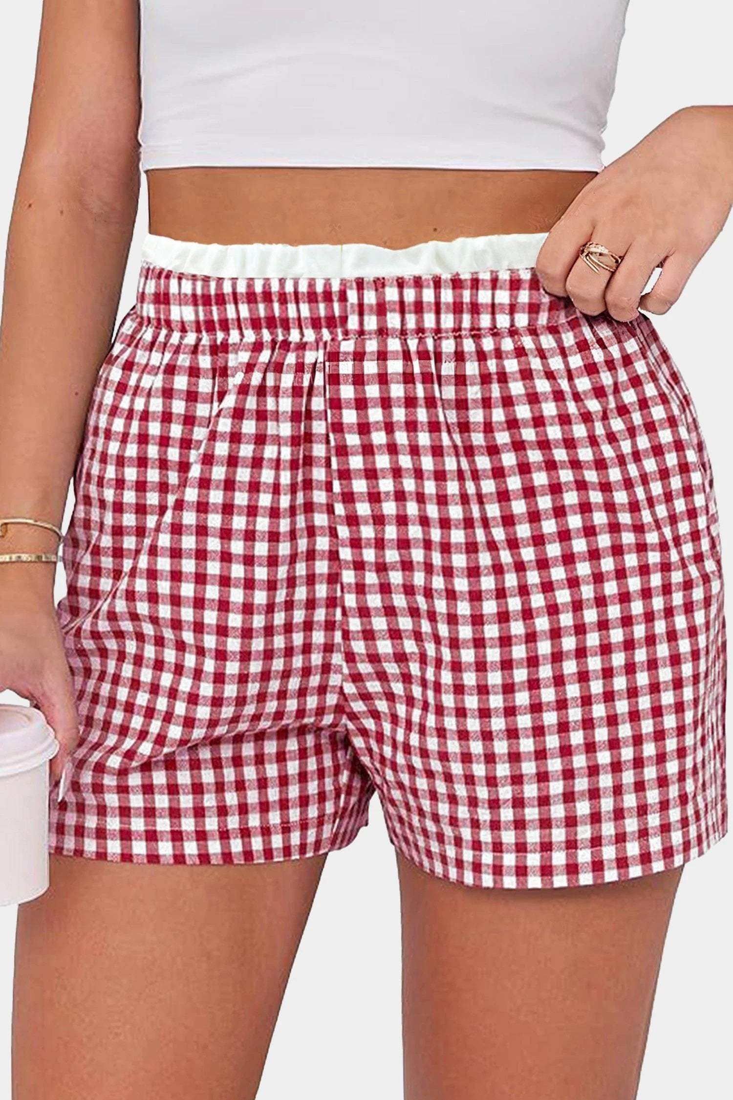 Pink contrast trim plaid print plus size shorts for women casual everyday outfit