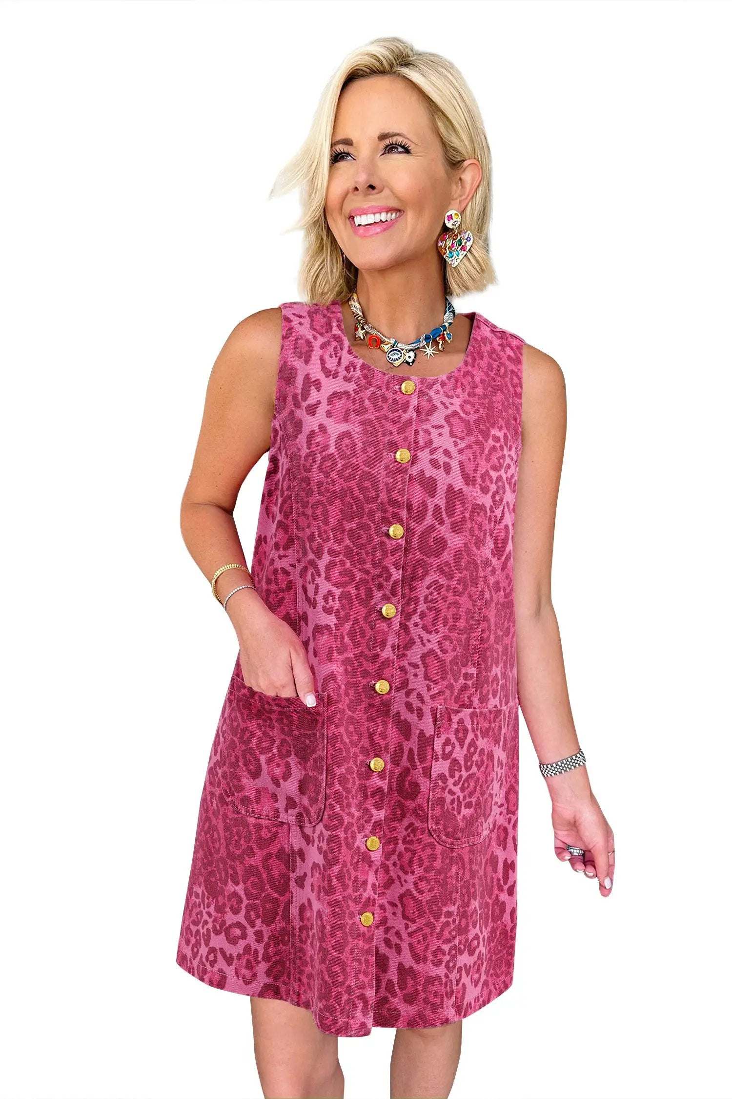 J&H Apparel Pink Leopard Denim Buttoned Shift Sleeveless Dress - Dresses Dresses/Mini Dresses