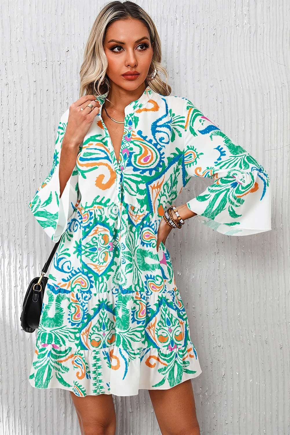 Printed Tribal Mini Dress with buttoned front and bracelet sleeves