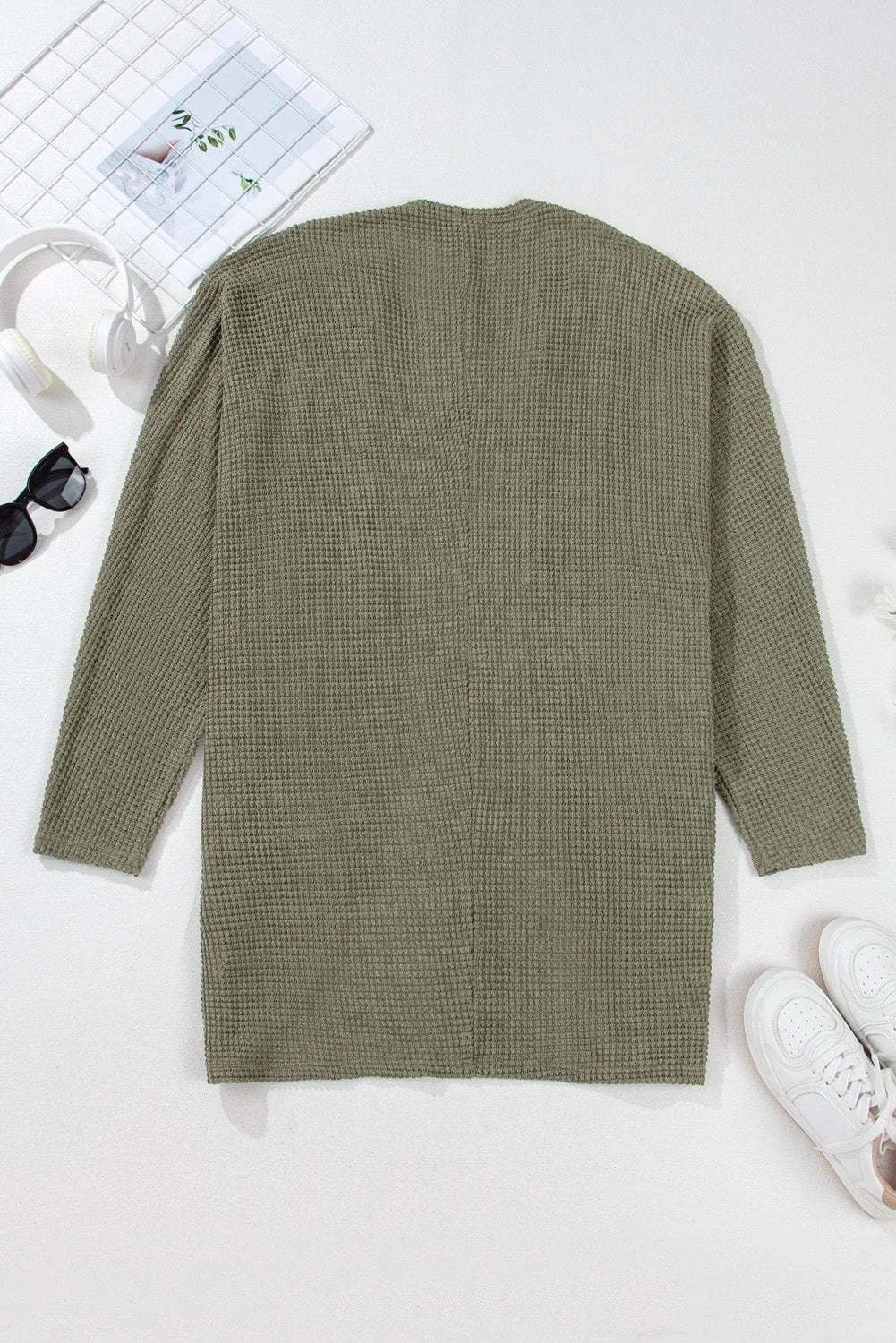 Plus size seagrass waffle knit cardigan with drop shoulder, open front, and pockets