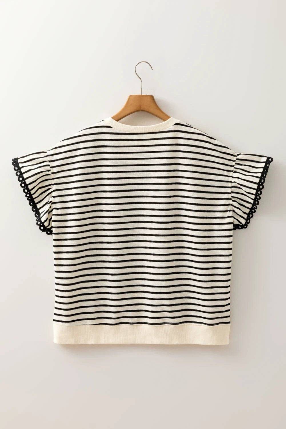 Dear-Lover Dropshipping Black Stripe Eyelet Trimmed Ruffled Short Sleeve Plus Size Top - Plus Size/Plus Size Tops/Plus Size Tops & Tees