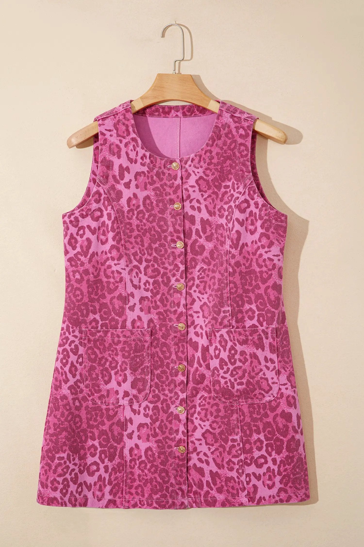 Dear-Lover Dropshipping Pink Leopard Denim Buttoned Shift Sleeveless Dress - Dresses/Mini Dresses