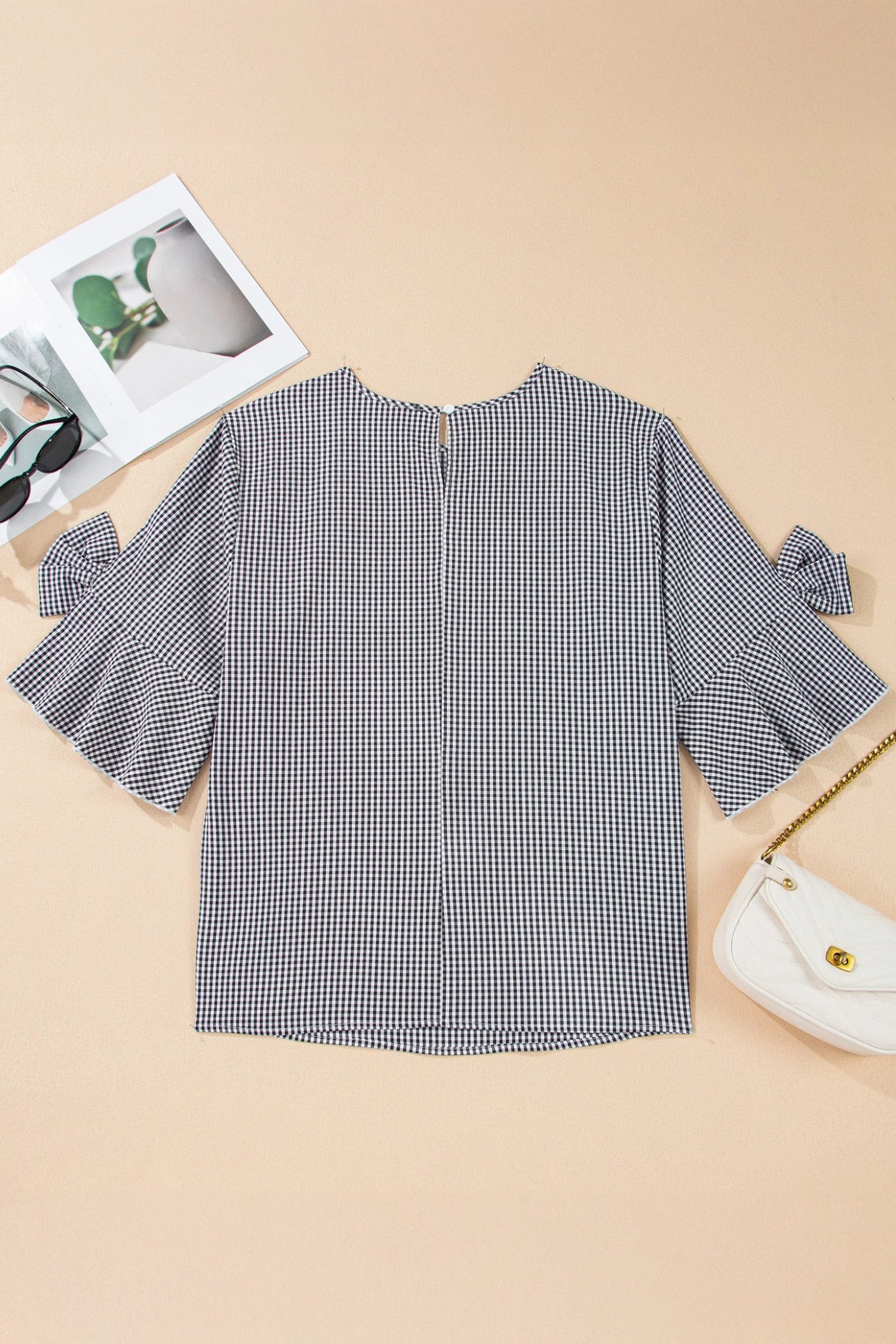 Dear-Lover Dropshipping Black Plus Size Plaid Bow Decor Bell Sleeve Round Neck Jumper - Plus Size/Plus Size Tops/Plus Size Tops & Tees