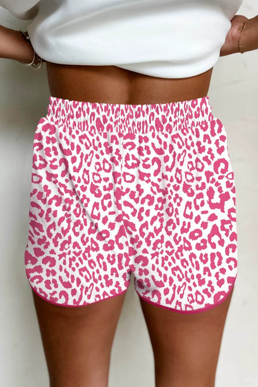 Leopard print elastic waistband shorts with lace-up trim and contrast edging for comfortable mom style