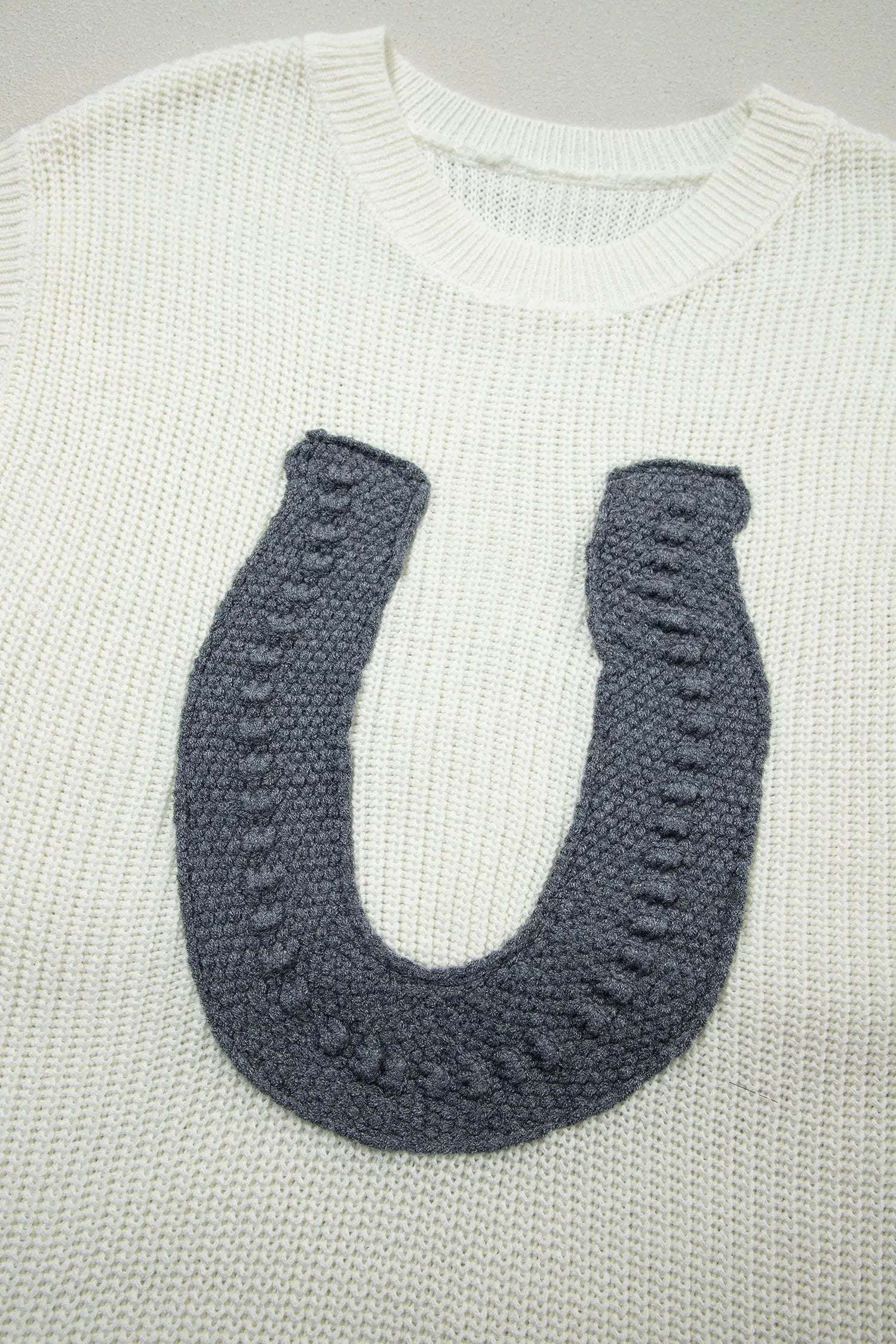 Turquoise Cowgirl Chic crochet horseshoe short sleeve knit sweater with grey applique