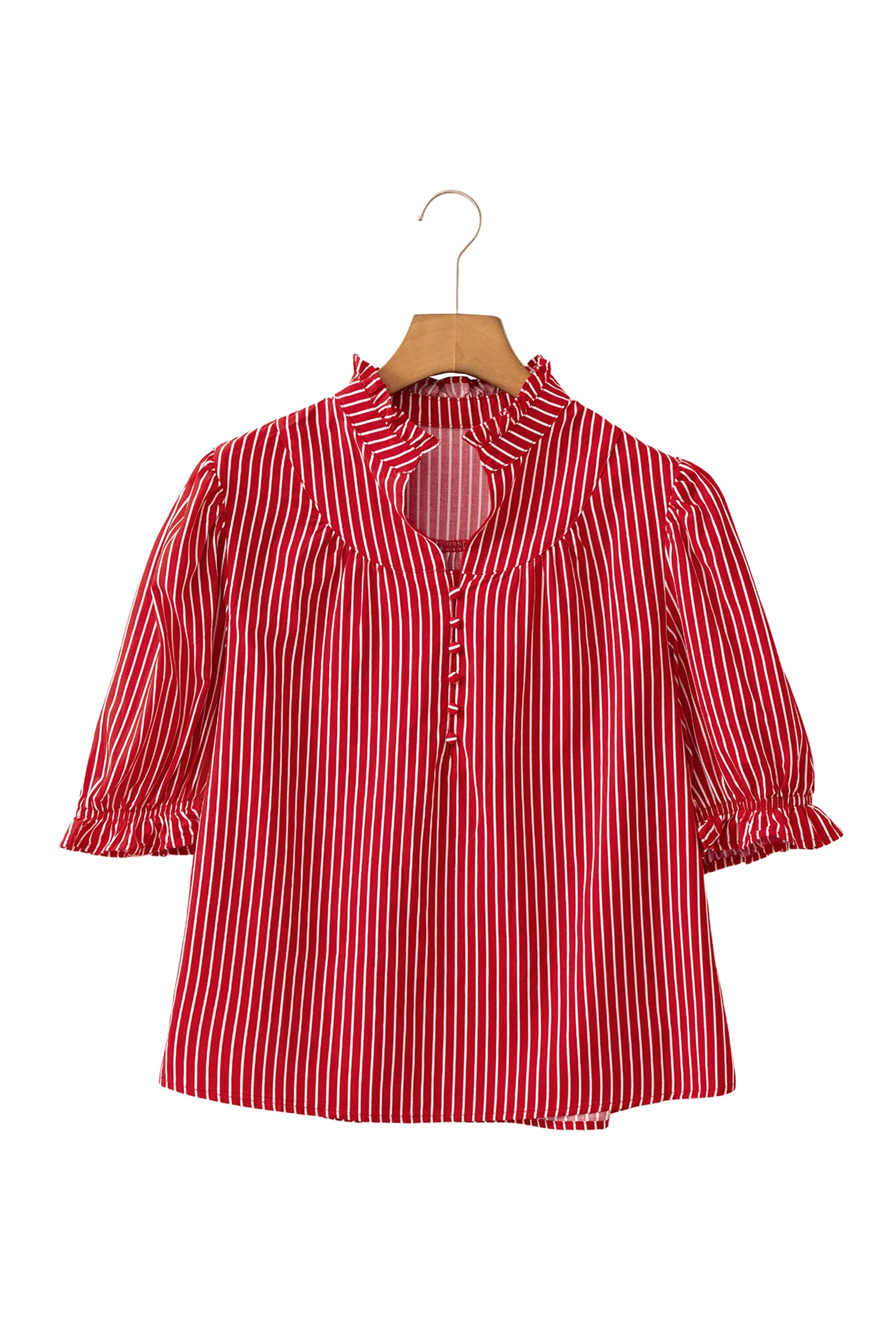 Stripe Ruffled Short Puff Sleeve Button Front Blouse — women's everyday bottoms | J&H Apparel