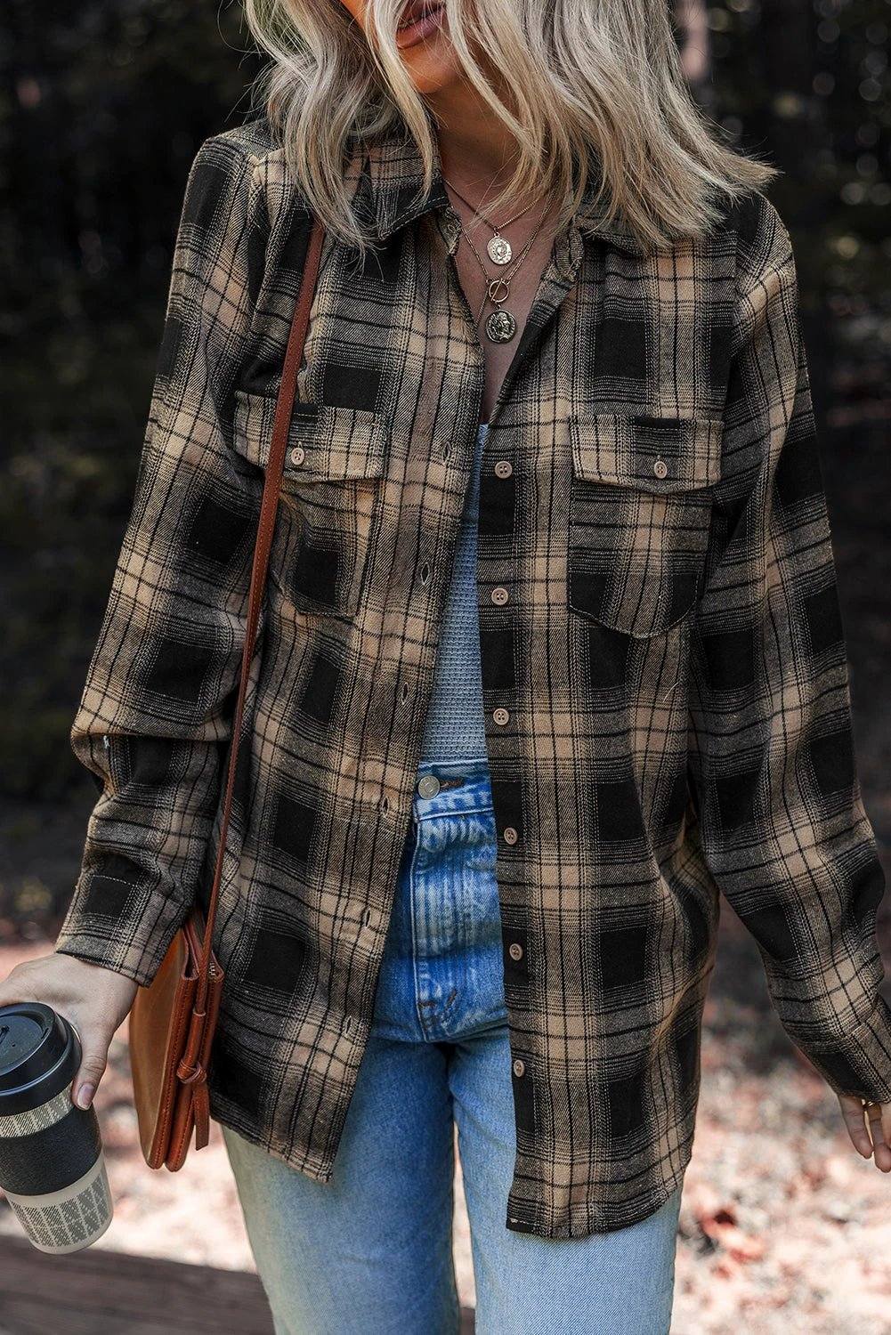 Retro plaid shacket with double flap pockets and brushed fabric for cozy casual wear