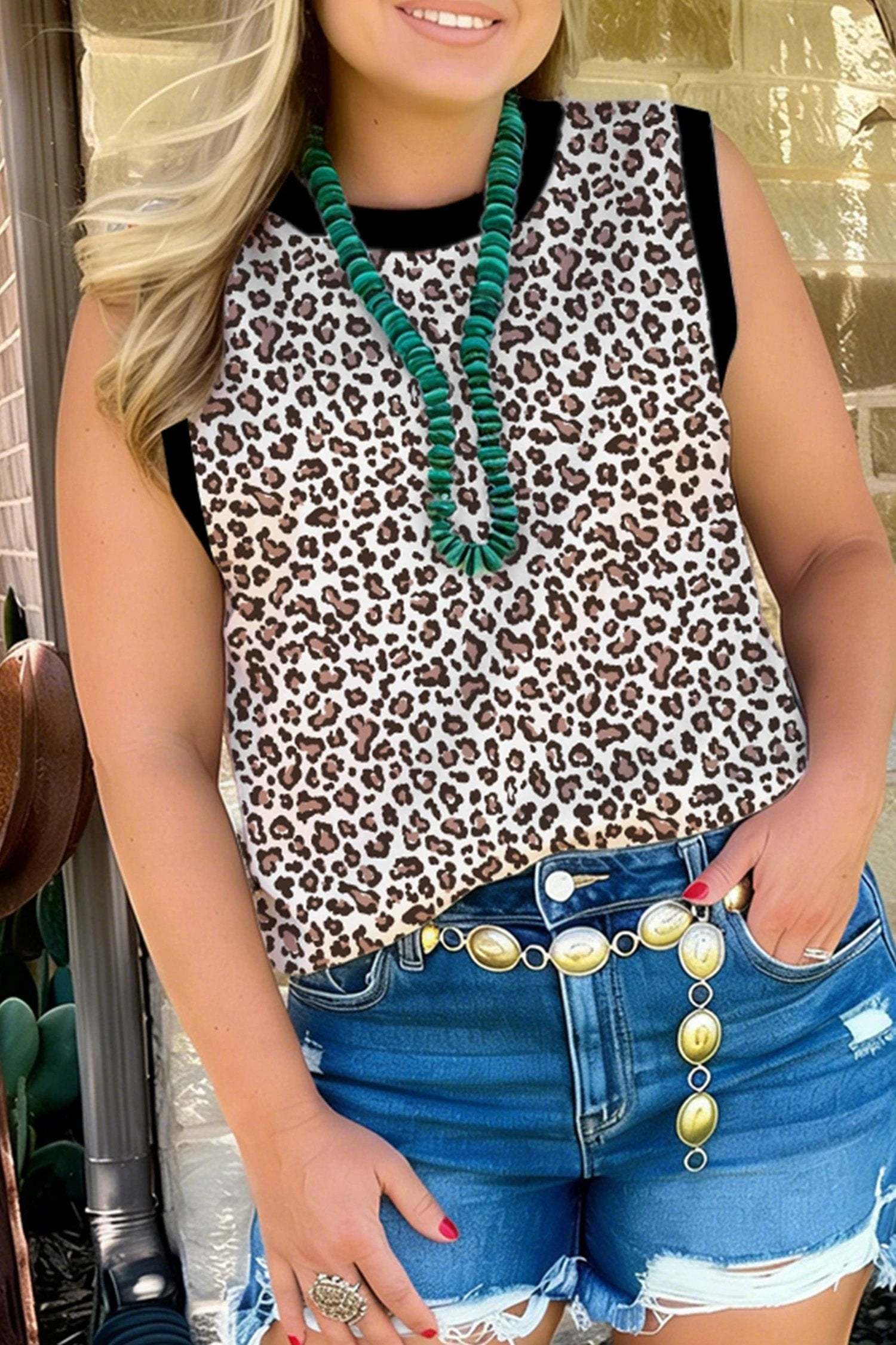 Plus size leopard top with khaki contrast trim, sleeveless relaxed fit for busy moms