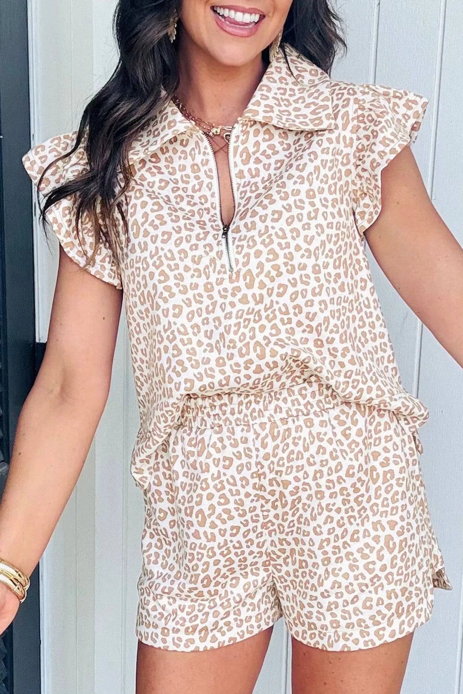 beige leopard zip polo top 2pcs short set for women casual everyday outfit