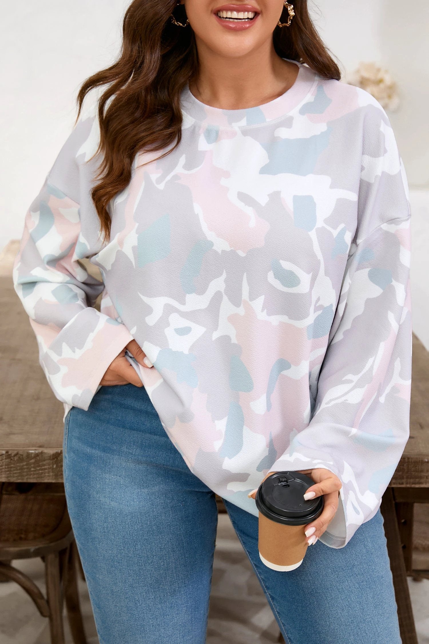 green plus size camouflage print drop shoulder loose pullover top for women casual everyday outfit